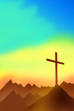 İyi cumalar. Paskalya 'dan önce Cuma. Golgotha. Gün batımında dağların önündeki mezarlıkta.