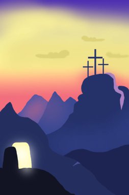 İyi cumalar. Paskalya 'dan önce Cuma. Golgotha. Gün batımında dağların önündeki mezarlıkta.