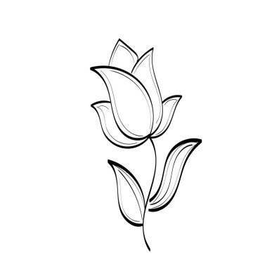 Siyah siluetler, çiçekler ve otlar beyaz arka planda izole edilmiş. El çizimi bir çiçek.