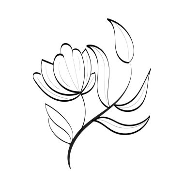 Siyah siluetler, çiçekler ve otlar beyaz arka planda izole edilmiş. El çizimi bir çiçek.