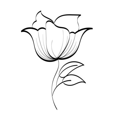 Siyah siluetler, çiçekler ve otlar beyaz arka planda izole edilmiş. El çizimi bir çiçek.