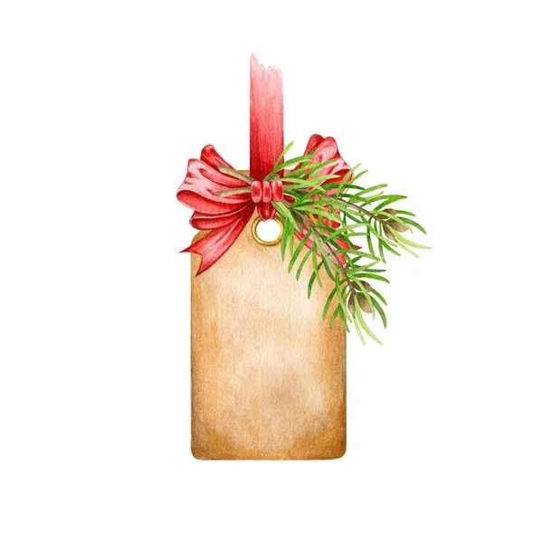 소나무와 붉은 리본 리본이 적힌 빈티지 종이 라벨. 워터 컬러 일러스트. 손으로 뽑은 겨울 시간의 역 태그나 배너 요소. 크리스마스 장식용 빈티지 깃발이야. 흰 배경에 고립됨 — 스톡 사진