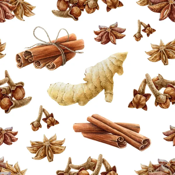 Spice seamless pattern. Cinnamon, star anise, ginger, clove watercolor illustration. Hand drawn aromatic dry spices for mulled wine pattern. Healthy organic herbs for cooking. White background — Stock Photo, Image