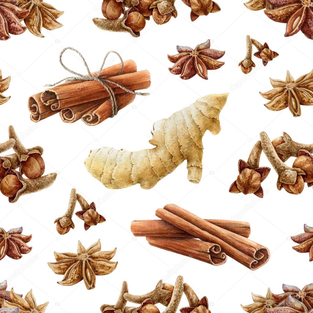 Spice seamless pattern. Cinnamon, star anise, ginger, clove watercolor illustration. Hand drawn aromatic dry spices for mulled wine pattern. Healthy organic herbs for cooking. White background