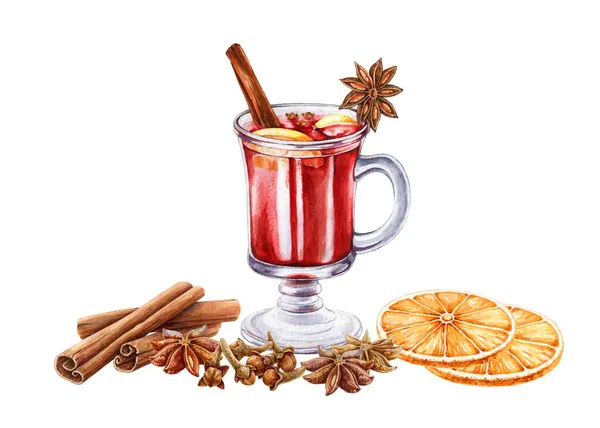 Skalade viningredienser akvarell illustration. Handritad vinter varm kryddig punch. Glögg rött vin med kanel, stjärnanis, apelsin, kryddnejlika. Festlig vinter tid söt dryck grogg vit bakgrund — Stockfoto
