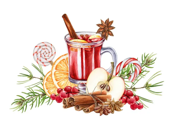 Forralt bor téli fűszerekkel és édességekkel. Akvarell illusztráció. Kézzel rajzolt téli fűszeres puncs finomságokkal. Forralt vörösbor fenyővel, fahéjjal, csillagánizzsal, narancs szeletekkel, édességgel. Fehér háttér — Stock Fotó