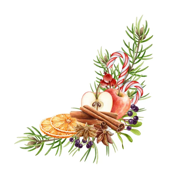 Zimní koření, ovoce a ošetří útulnou dekoraci. Ilustrace akvarelů. Ručně kreslená skořice, jablka, cukrové bonbóny, pomerančové plátky a borové větve dekor. Bílé pozadí — Stock fotografie