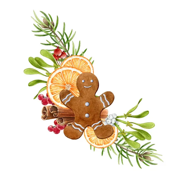 Mézeskalács ember, narancs szeletek, fenyő és fagyöngy dekoráció. Akvarell illusztráció. Téli ünnepi keksz fahéjjal, bogyókkal. Kézzel rajzolt karácsonyi hagyományos süti elem dekorációval — Stock Fotó
