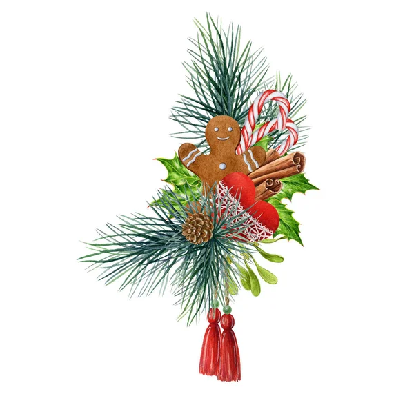 Winter festive gingerbread man decoration with pine and holly branches. Watercolor illustration. Christmas traditional rustic decor element with pine branches, holly leaves, mistletoe, sugar candy — Stock Photo, Image
