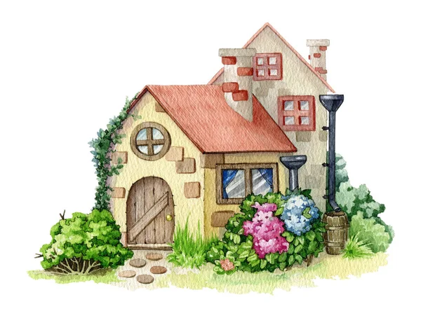 Mysigt vackert tegelhus med trädgårdsblommor. Akvarell illustration. Vintage litet hus med blommor och rött tak. Två byhus med vacker trädgård — Stockfoto