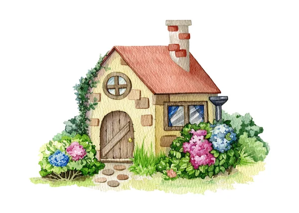 Mysigt vackert tegelhus med rött tak. Akvarell illustration. Vintage litet hus med blommor och trädgård. Village hem med vacker blomsterträdgård — Stockfoto