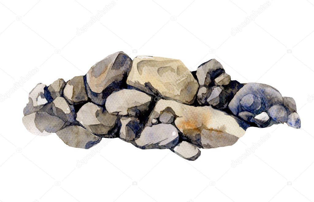 Natural stones big pile. Watercolor illustration. Hand drawn rocks nature element. Solid rocks nature illustration. Park, forest, woodland landscape element