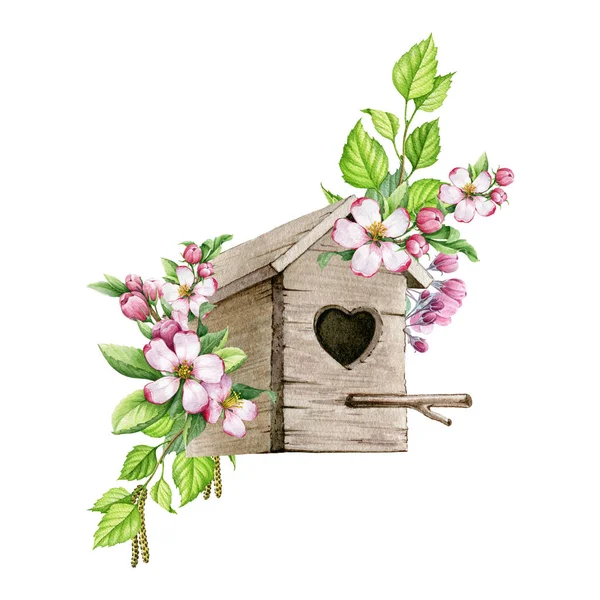 Cozy birdhouse in spring flowers. Watercolor illustration. Blooming apple flowers and green lush leaves spring decor. Tender spring illustration. Wood birdhouse with flowers