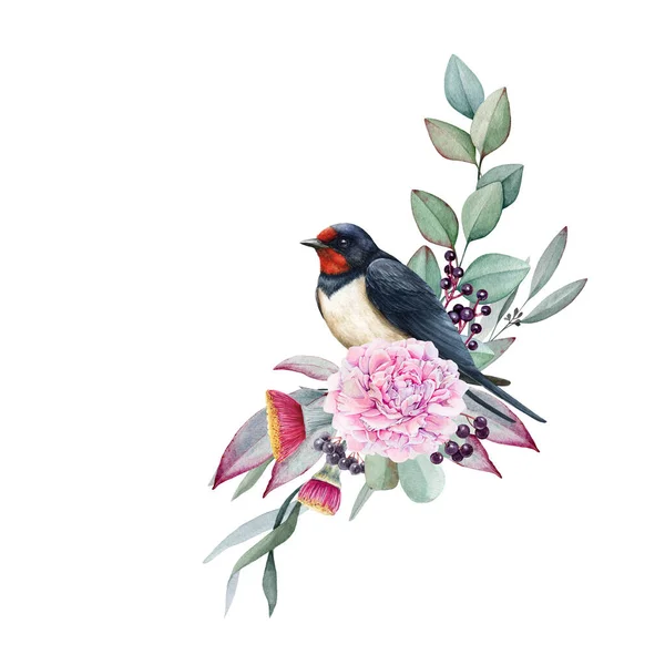 柔らかい花の装飾で鳥を飲み込む. 水彩イラスト。 花,ユーカリの枝,ベリーで手描きされた美しい現実的な飲み物. フローラル素朴な装飾要素. ホワイトバック — ストック写真