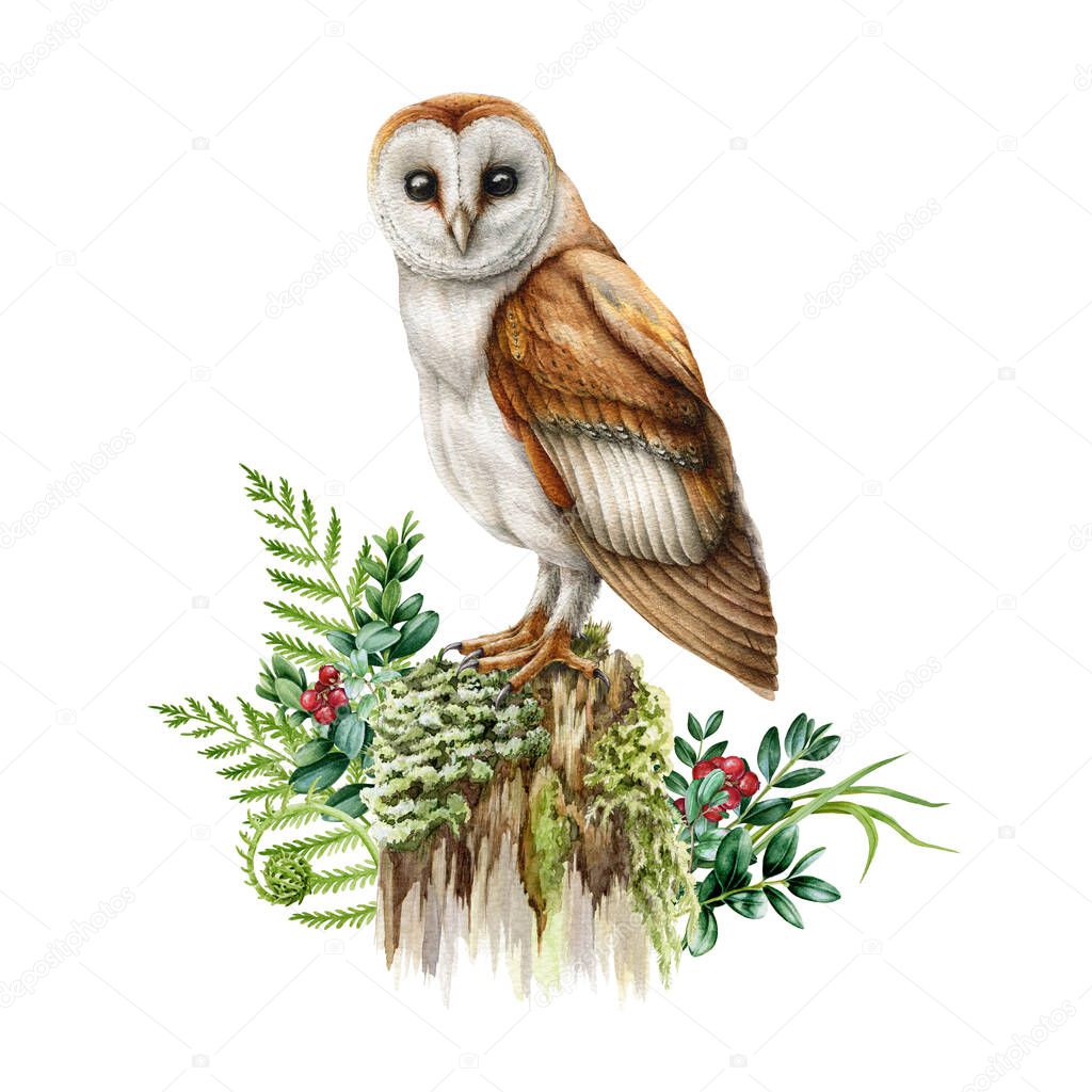 Barn owl on the mossy stem. Watercolor illustration. Realistic hand drawn wildlife forest scene. Barn owl perched on tree stump with fern, wild herbs, berries. White background