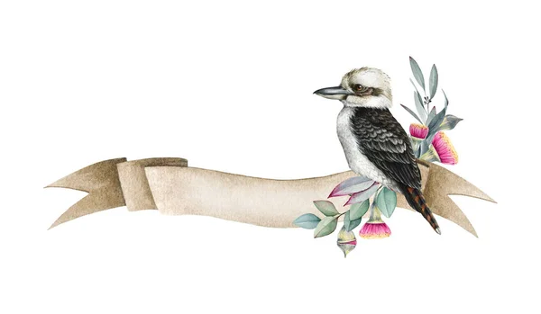 Kookaburra Pássaro Flores Eucalipto Bandeira Vintage Ilustração Aquarela Decoração Floral — Fotografia de Stock