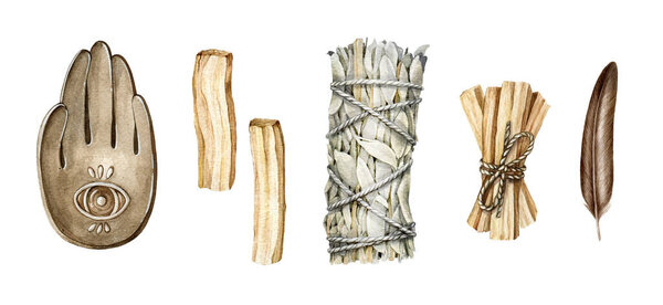 Incense aroma watercolor set. Ceramic incense burner, palo santo stick, white sage bunch, feather elements for relax, healing, meditation. Spiritual practice set. Hand crafted holder boho style.