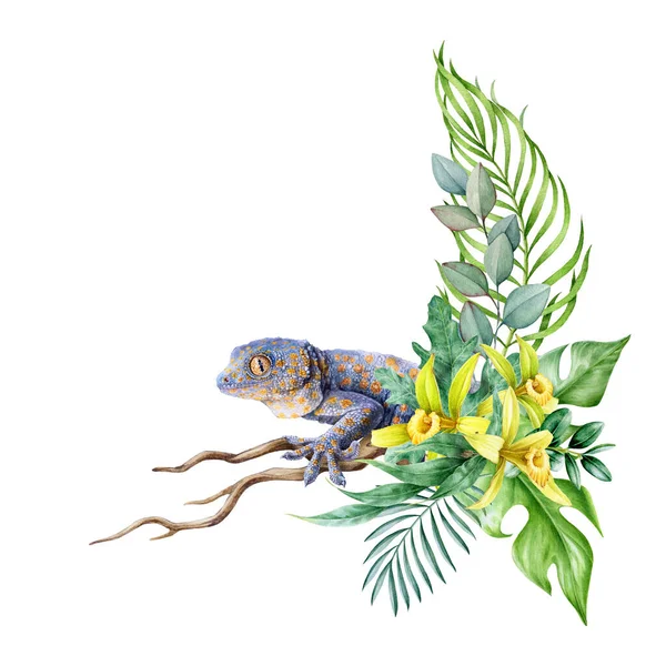 Decoração Exótica Floral Com Tokay Gecko Ilustração Aquarela Arranjo Flor — Fotografia de Stock