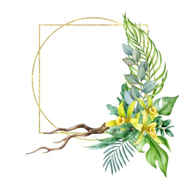 Palmiye yaprakları ve orkideleri olan tropikal bir çiçek çerçevesi. Suluboya çizimi. Egzotik çiçekler ve yeşil tropikal yapraklar. Çiçeksel zarif çerçeve.