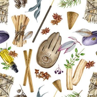 Tütsü aromasız desen. Suluboya çizimi. Aroma çubukları, seramik tütsü yakıcı, palo santo çubuğu, beyaz adaçayı sürüsü, aroma yağı izi. Rahatlamak için elementler, meditasyon.