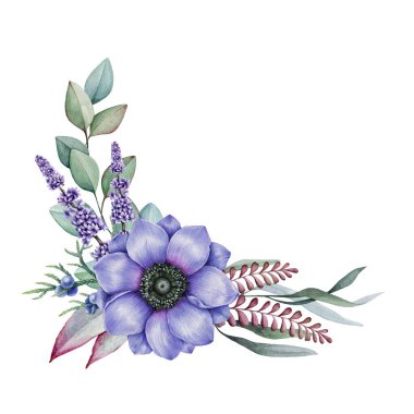 Mavi şakayıklı narin çiçek dekoru okaliptüs, lavanta, eğrelti otu. Suluboya çizimi. Anemone çiçek mahsulü zarif bir dekorasyon. Beyaz arkaplan.