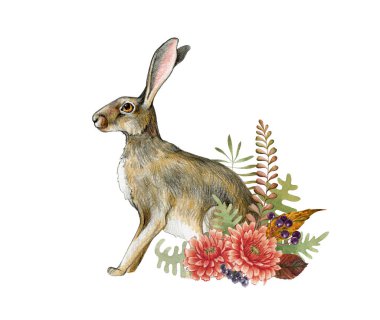 Yabani çiçekleri ve otları olan sevimli küçük bir tavşan. Suluboya çizimi. Tavşanlı, kır tarzı bir dekor. Güzel çiçeklerin, orman otlarının, eğreltiotlarının, yaprakların içinde oturan küçük sevimli tavşan..
