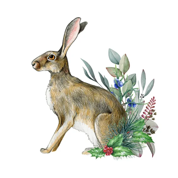 Conejo Con Decoración Natural Floral Invierno Ilustración Acuarela Conejo Dibujado — Foto de Stock