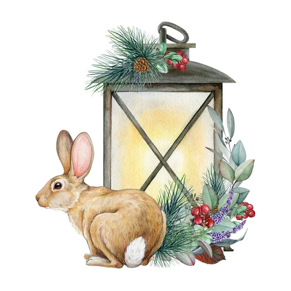 Décor Floral Hivernal Avec Lapin Lanterne Illustration Aquarelle Petit Lapin — Photo