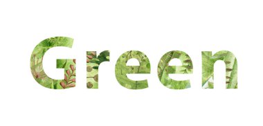 Yapraklardan, eğreltiotlarından, bitkilerden yapılmış yeşil bir işaret. Suluboya çizimi. Beyaz arka plan. Yapraklardan yeşil sözcük.