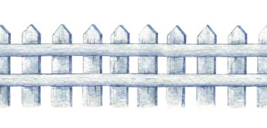 Beyaz çitsiz sınır. Suluboya çizimi. Tahta çit elementi. Beyaz arka plan. El çizimi klasik kırsal sınır.