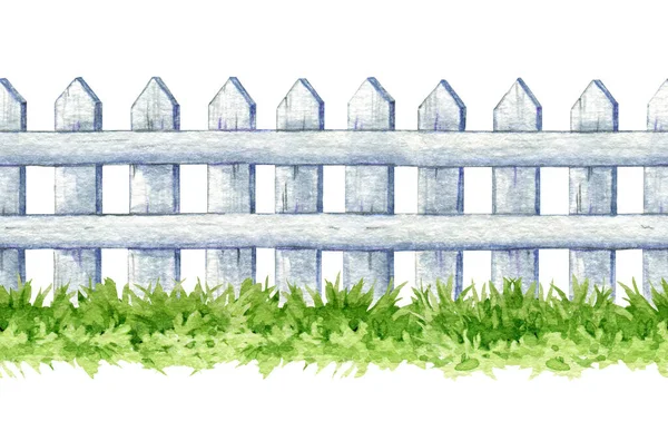 Vitt Staket Gräset Sömlös Gräns Akvarell Illustration Trästaket Med Grönt — Stockfoto