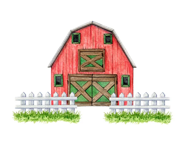 Red Barn White Fence Watercolor Illustration Vintage Style Farm Ranch — Stock Photo, Image