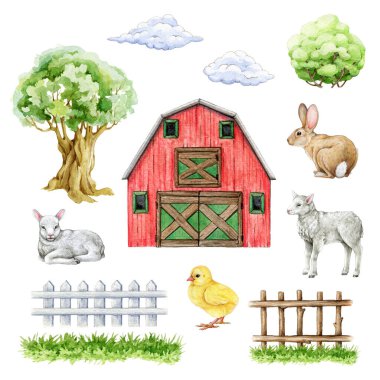 Çiftlik malzemeleri el çizimi. Kırmızı ahır, çit, civciv, kuzu, tavşan, ağaç ve çalılık. Suluboya çizimi. Çiftlik ve kırsal element koleksiyonu. Beyaz arkaplan.