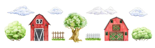 Farm Elements Set Barns Trees Fences Hand Drawn Set Watercolor — Stock Photo, Image