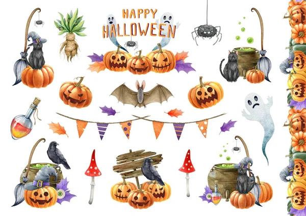 Zestaw Ilustracji Dekoracji Halloween Ręcznie Rysowane Kolekcja Akwareli Halloween Straszny — Zdjęcie stockowe
