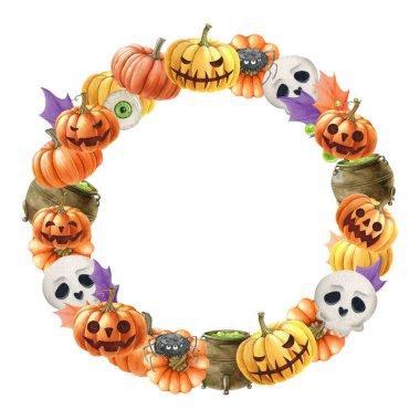 Cadılar Bayramı balkabağı dekoratif büyücülük çelengi. Suluboya çizimi. Cadılar Bayramı yuvarlak çelengi balkabaklarından dökülen yapraklar, korkunç komik yüzler, cadılık. Beyaz arkaplan.