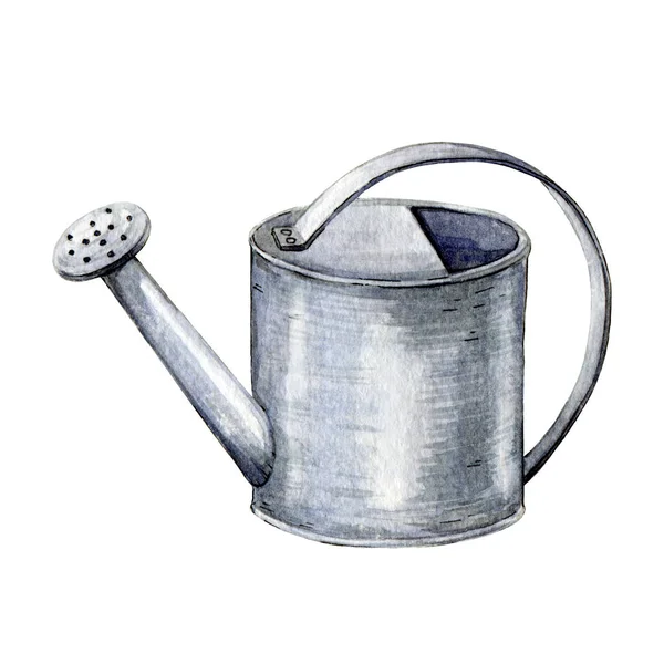 Metal Watering Cat Watercolor Illustration Hand Drawn Garden Farm Equipment — Stock Photo, Image