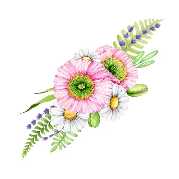 Wiesenwildblumenschmuck Aquarell Illustration Frühling Zarten Mohn Gänseblümchen Lavendelblüten Schönen Rustikalen — Stockfoto