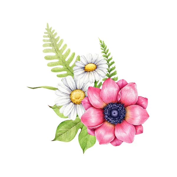 Garden spring flowers decoration. Watercolor illustration. Spring tender pink anemone, daisy flowers, fern beautiful rustic style decor. Tender garden blossoms countryside style floral decor.