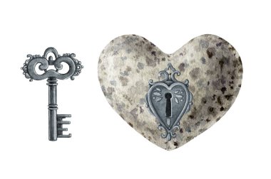 Klasik stil metal anahtar ve anahtar delikli taş kalp. Suluboya çizimi. Elle çizilmiş gümüş anahtar deliği ve metal anahtar elementi olan taş kalp. Beyaz arkaplan.