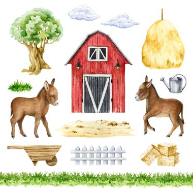 Eşek hayvan, çiftlik elemanları el çizimi seti. Suluboya çizimi. Kırmızı ahır, tay, çit, saman, çim, el arabası, ağaç elementleri. Çiftlik ve kırsal öğe ve ekipman koleksiyonu.