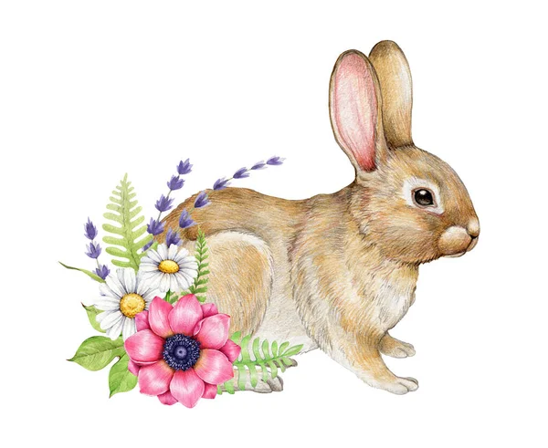 Mignon Petit Lapin Avec Décor Fleurs Aquarelle Illustration Dessinée Main — Photo