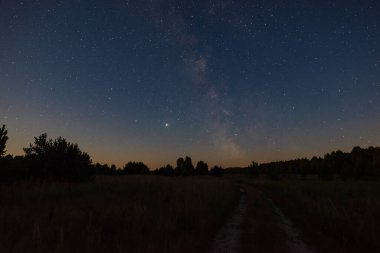 Büyük bir panorama, ormana uzanan kırsal bir yol. Yıldızlı gökyüzü Samanyolu 'nun üstünde