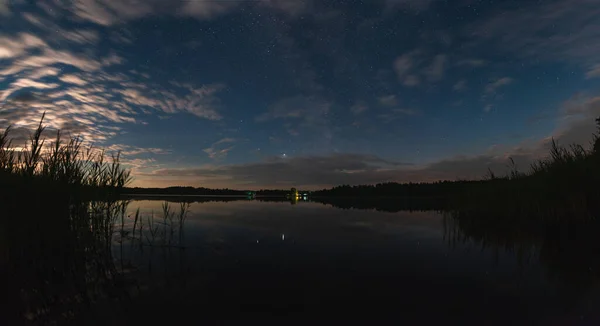 Lake Forest Starry Summer Sky Moonlight Big Panorama — Stock Photo, Image