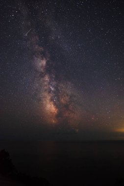 Denizin üzerindeki yıldızlı gökyüzünde Samanyolu
