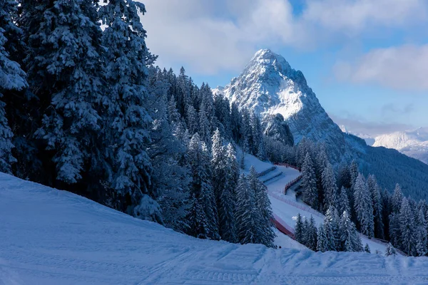 Pistes Ski Forêt Avec Vue Sur Majestueux Sommet Alpin Garmisch — Photo