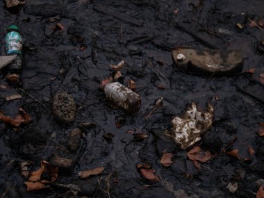 Bakü. Azerbaycan: 08.10.2021 Hazar denizindeki plastik atık kirliliği. Doğrudan denize atılan plastik su şişeleri ve poşetler..