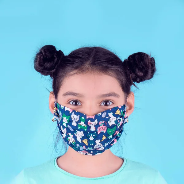 Little Funny Girl Medical Black Mask Coronavirus Blue Background Funny — 스톡 사진