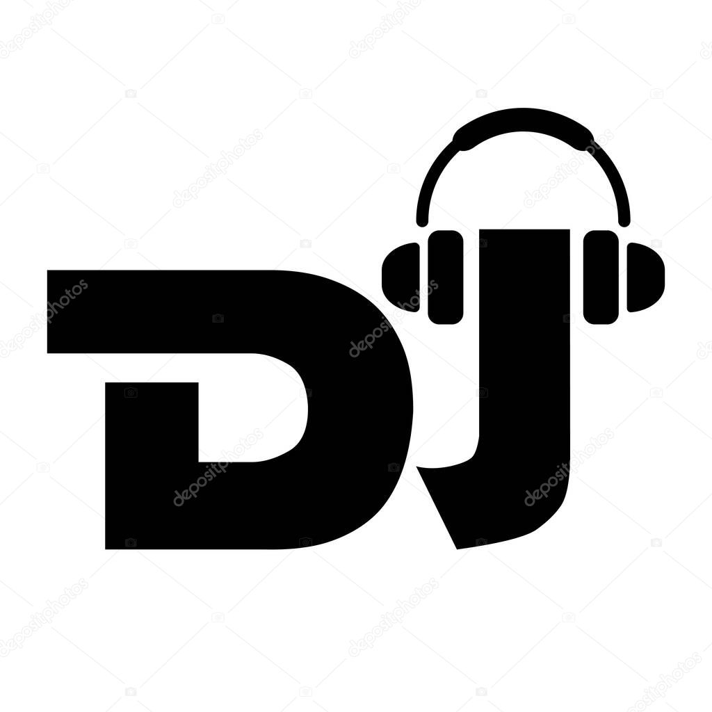 Dj text and headphones logo. Music service disk jockey business icon. Black vector illustration isolated on white background.