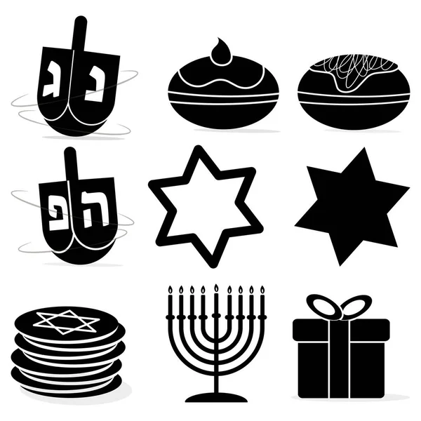 Hanukkah Conjunto Iconos Símbolos Fiesta Judíos Estrella David Regalo Menorah — Vector de stock